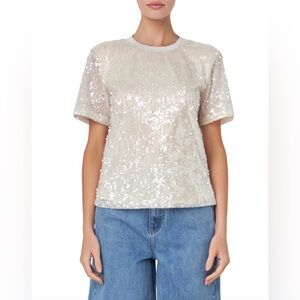 Grey Lab Sequin Padded Shoulder Back Cutout Top Size Medium